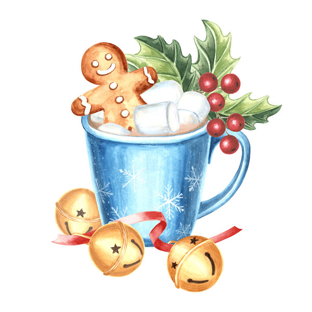 蓝色杯子里的热巧克力，配有棉花糖和姜饼人，周围有圆形铃铛和带浆果的冬青。用于食品设计的水彩插图。手绘的可可饮品杯子，适合冬季假日。图片下载