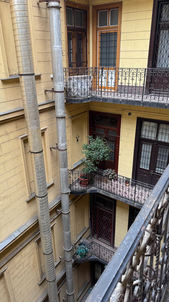 迷人的历史庭院，黄色抹灰墙壁，带铁栏杆的阳台，以及木门旁的盆栽植物。经典的欧洲建筑，散发着复古气息和宁静的居住氛围。图片下载