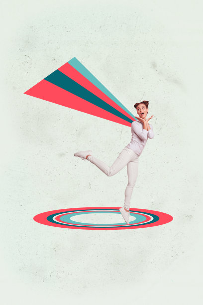 快乐的女商人与男商人站在几何图形前，展示职业发展与目标的照片拼贴海报艺术图片下载