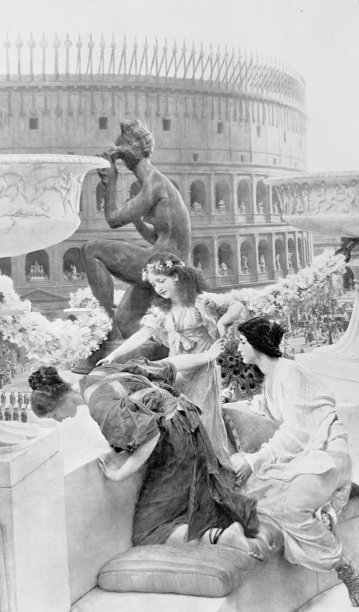 古罗马的游行，三位年轻女性从阳台上俯视街道图片下载