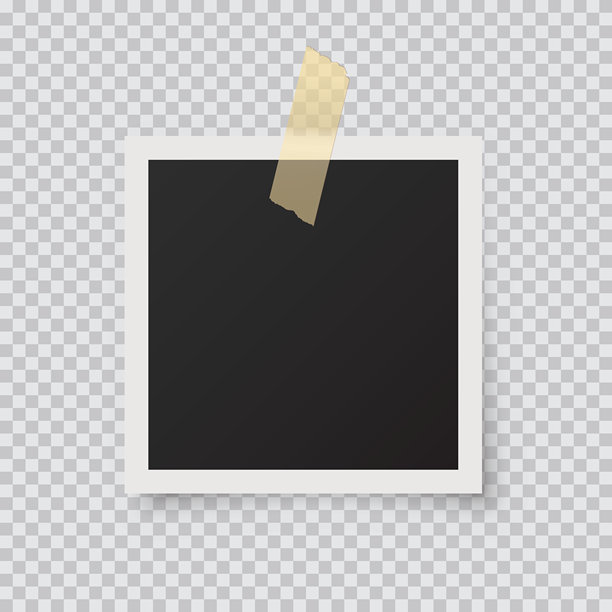 带胶带的空白复古相框。透明背景上的空白复古照片占位符，带白色边框。适用于剪贴簿或记忆相册的模板。逼真的矢量插图。图片下载