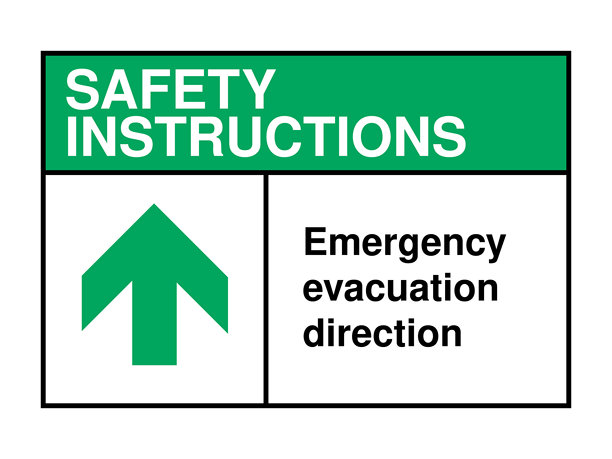 紧急疏散指示安全说明标志，带有向上箭头图标，绿色标题和公共安全指导信息，高质量矢量库存图片图片下载