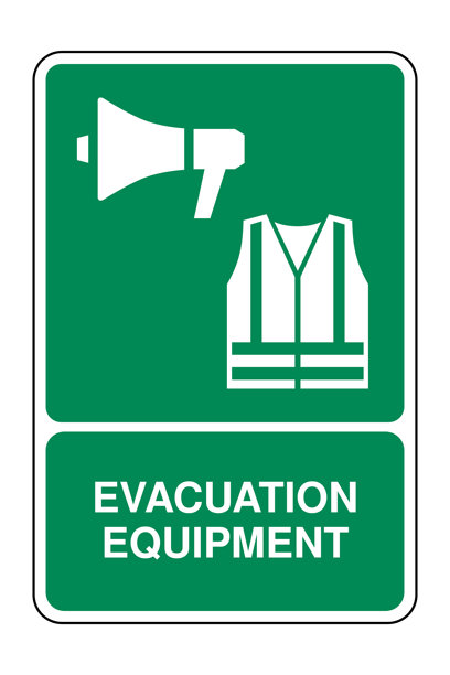 紧急协调区的撤离设备安全符号，带有解释，绿色方框中的扩音器和安全背心图标，高质量矢量库存图片图片下载
