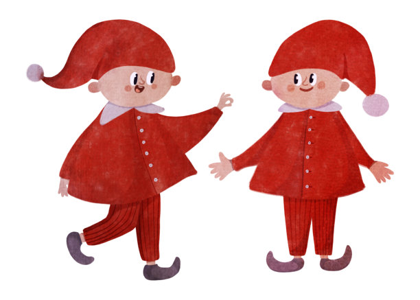 可爱的手绘圣诞精灵小孩，角色有两个姿势，穿着红色帽子和服装。非常适合节日贺卡、书籍或儿童装饰。儿童友好的插画风格。适合印刷和手工艺品。图片下载