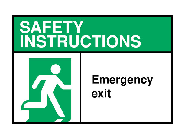 紧急出口安全标志，左侧奔跑的人物图标，带有绿色标题和快速疏散指示信息，高质量矢量库存图片图片下载