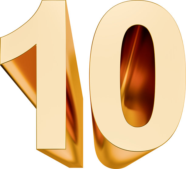 金色三维字母“10”（十）的广角视图，背景为纯白色，以便更好地分离。图形素材。图片下载