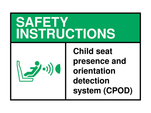 车辆安全指示标志 儿童座椅存在与方向检测系统 CPOD 带图标和绿色标题以保护乘客 高质量矢量库存图片图片下载