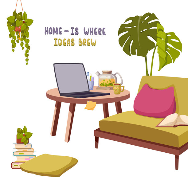 一个有绿色植物的家庭办公室工作空间。自由职业者工作空间的房间内部矢量插图。图片下载