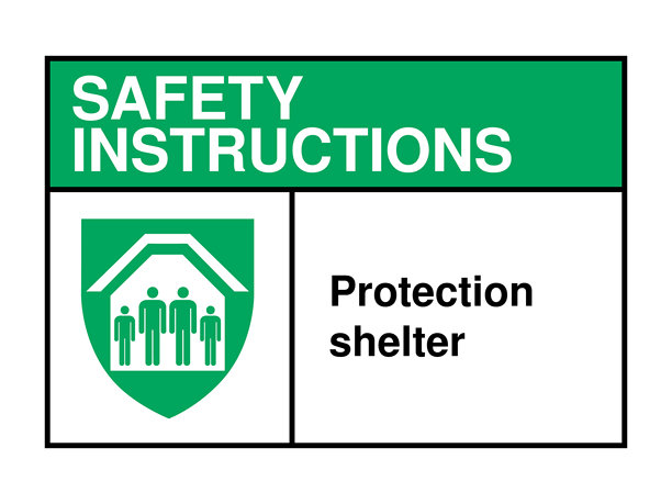 保护庇护所安全指示标志 紧急防护图标，绿色标题和避难信息 高质量矢量库存图片图片下载