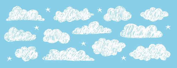蓝色背景上的白色铅笔云。儿童蜡笔素描合集。天真无邪的手绘儿童插图，适合学校项目。磨损效果图像。矢量素材包。图片下载