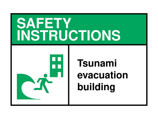 海啸疏散建筑安全指示标志 紧急避难所图标，绿色标题和海岸警报信息 高质量矢量库存图片图片下载