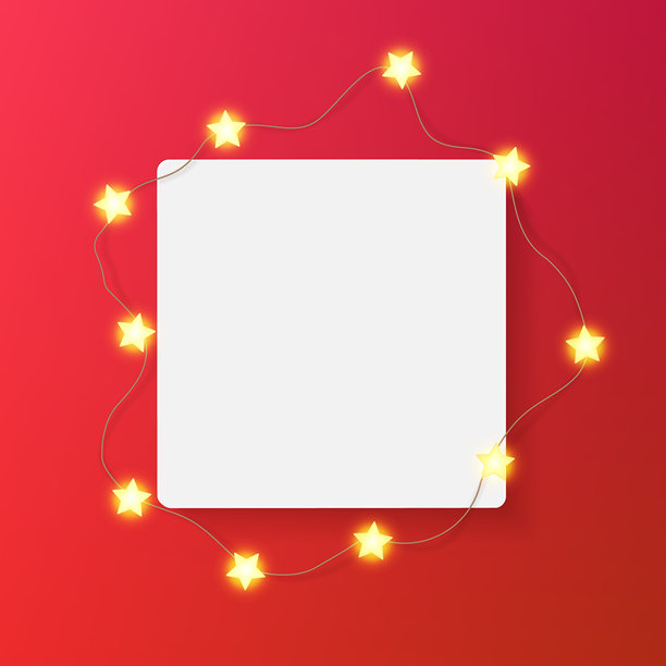 红色背景上的方形相框3D渲染。图片平铺样式，节日装饰的星形灯泡。画廊墙上的逼真灯串，空白边框阴影，引用文本留白。图像打印节日贺卡。图片下载