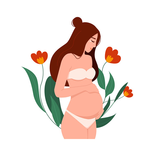 穿着内衣或泳装的孕妇用双手抱住自己的肚子。母亲节。矢量插图。图片下载