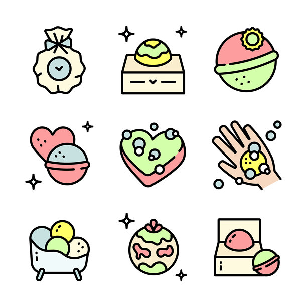 浴盐炸弹图标集。美容概念的矢量插图。浴炸弹包装。用于芳香疗法和放松的闪亮海盐球。图片下载