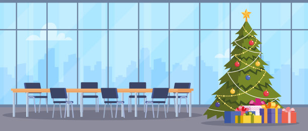 圣诞节办公室工作场所。桌子上有电脑、礼物和圣诞树。工作空间。矢量插图。图片下载