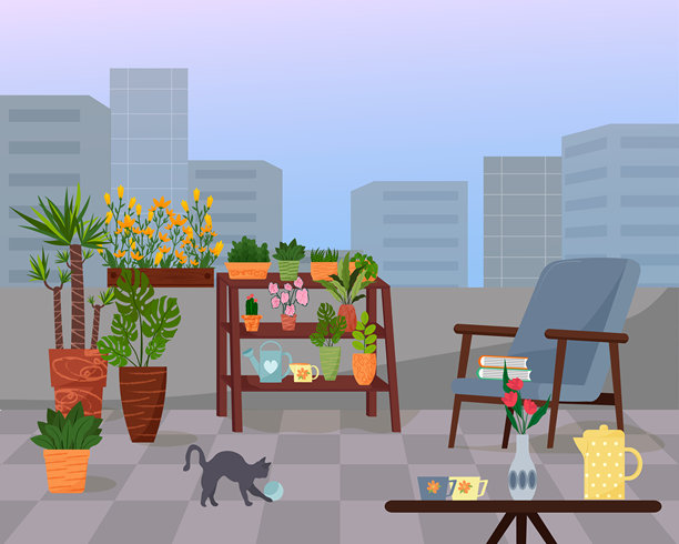 城市建筑内阳台或露台上的花园。露台上种植着各种盆栽植物。一个植物架。一个舒适的椅子上放着书籍。一只猫在阳台上玩球。图片下载