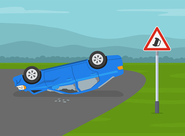 交通规则和提示。“事故危险标志”区域。轿车在转弯后翻到车顶。侧面视图的翻转汽车。矢量插图模板。图片下载