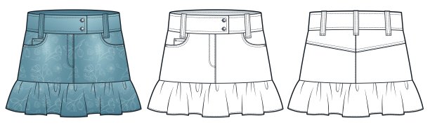 带有荷叶边和花卉图案的牛仔裙技术时尚插图。迷你裙时尚平面技术图纸模板，正面和背面视图，白色，蓝色，女性CAD模型。图片下载