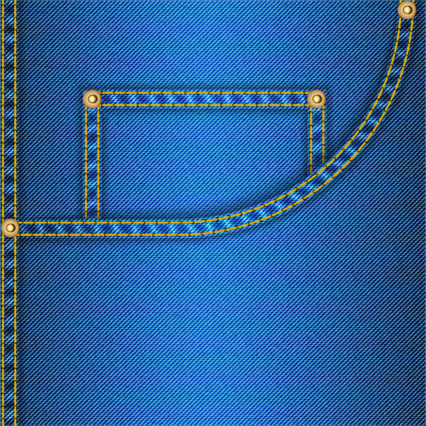 逼真的蓝色牛仔布面料前口袋，带有黄色缝线、铆钉和缝合细节，适用于裁缝、缝纫、服装、时尚和服装设计的纺织背景。图片下载