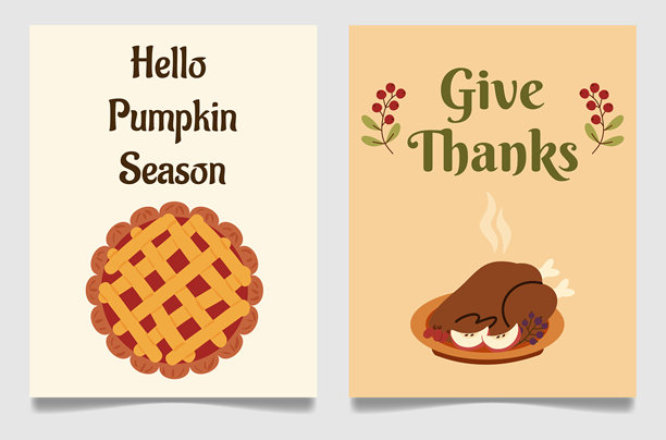 两张秋季贺卡，上面写着“你好，南瓜季节”和“感恩”，手绘的南瓜派和烤火鸡插图，温暖的色彩，舒适的节日设计图片下载
