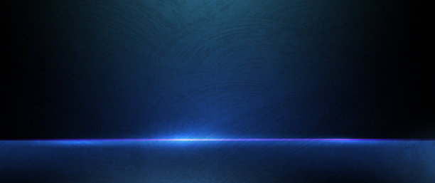 抽象的空旷黑暗工作室设计，深蓝色渐变背景，霓虹灯，模糊的发光地面或墙壁。现代工作室空白空间背景，用于展示技术、产品和展示。图片下载