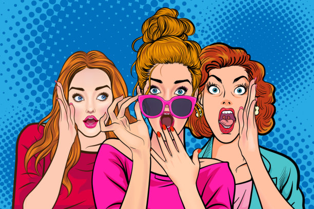 女人在复古风格的波普艺术漫画中向朋友悄悄传递惊人的八卦秘密图片下载