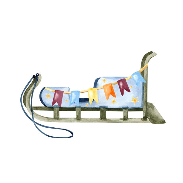 木制圣诞雪橇。水彩冬季雪橇，滑雪板。北方土著人民的传统交通工具，旗帜花环。孤立的剪贴画。民俗生活，文化卡片设计，儿童教育书籍。图片下载