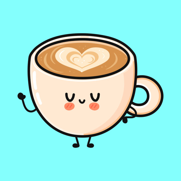 可爱的咖啡杯角色与心形拉花艺术图片下载