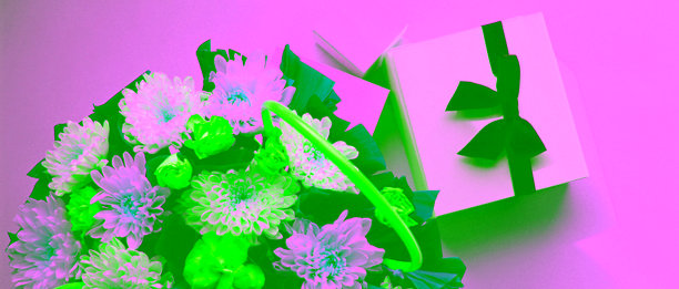 干净白色表面上的花篮中装有包装礼物和鲜花的全景库存图片图片下载