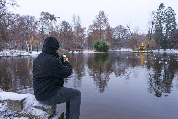 游客在维也纳公园的雪中拍摄圣诞树的照片图片下载