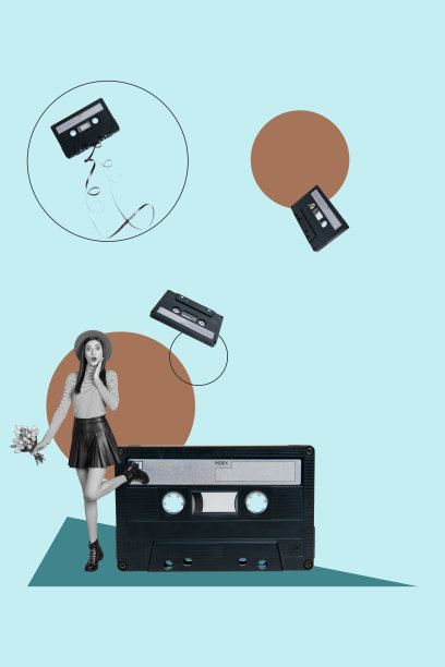 复古卡带播放列表的快乐女孩和男孩的竖版照片拼贴，庆祝假日，轻松享受旋律。图片下载