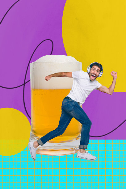 快乐女孩和男孩在夜总会酒吧场合中跳舞的竖版海报照片拼贴，手持啤酒杯，享受饮料和放松的周末时光。图片下载