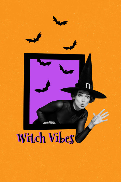 3D竖版照片拼贴，坏仙女女孩从窗户偷看，蝙蝠飞舞，吓人，万圣节节日气氛图片下载