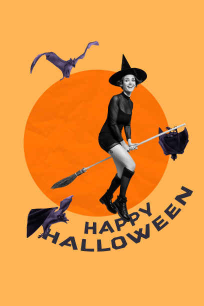 垂直素描3D图像横幅拼贴，展示快乐的黑人女巫骑扫帚、蝙蝠和动物，万圣节化妆舞会派对照片区活动图片下载