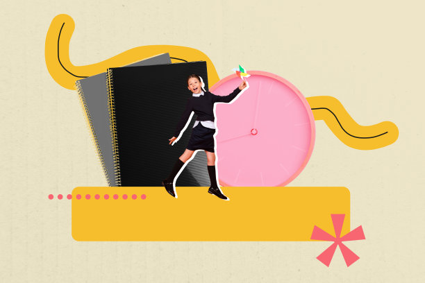 年轻女孩手持玩具时钟和笔记本走路的复合3D照片拼贴设计趋势草图，九月学术班大学生图片下载