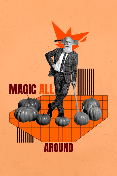 严肃的老年杀手站在斧头旁，头部被切割的万圣节南瓜装饰，周围充满魔幻气息的竖版照片拼贴横幅图片下载