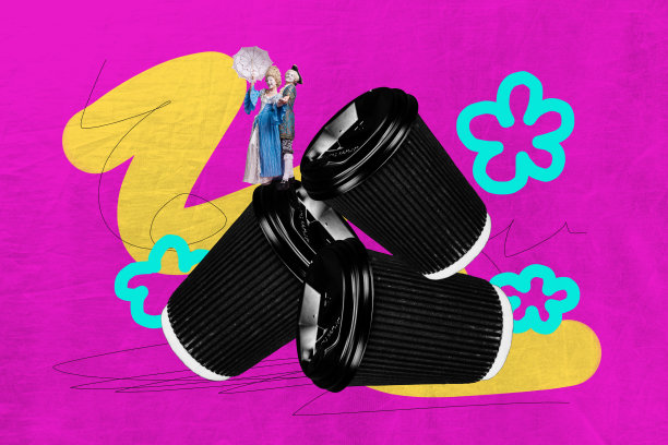 趋势艺术横幅草图 3D 照片拼贴，两个快乐的公爵和公爵夫人一起站着，手持外带咖啡杯饮品，呈现中世纪风格图片下载