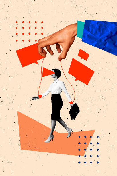 复合素描设计艺术作品 3D 照片拼贴，展示谈话指挥大师控制木偶的手握着绳子，移动年轻女性穿着正式服装走路。图片下载