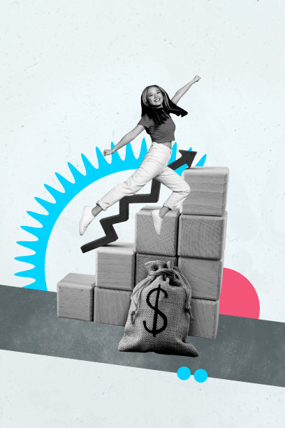 快乐的商人和商女人在梯子上奔跑，手中拿着装满美元的包，进行3D流行当代照片拼贴。图片下载