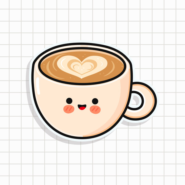 可爱微笑的咖啡杯，上面有心形拉花艺术图片下载