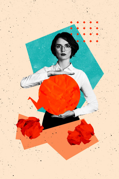 趋势艺术横幅草图 3D 照片拼贴自信的年轻女商人手持演讲云文本气泡引用评论纸球图片下载