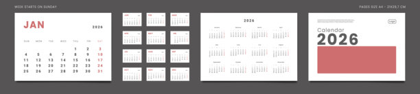 2026年日历规划模板套件，包含每月页面、可放置照片和公司标志的封面，年度2026。适用于墙壁或桌面的简约日历矢量布局，周日为一周的开始，准备打印。页面为A4尺寸。图片下载