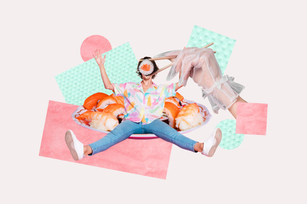 创意图片横幅拼贴，匿名女孩的头部是寿司卷，手持筷子喂食三文鱼海鲜，咖啡馆点餐用餐。图片下载