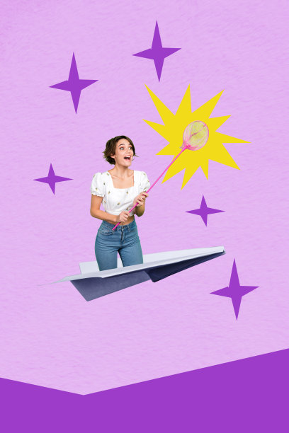 复合素描设计艺术作品 3D 照片拼贴，展示了一位年轻女士在梦幻的迷幻场景中，手持纸折飞机，捕捉网，展现她的爱好与猎手的形象。图片下载