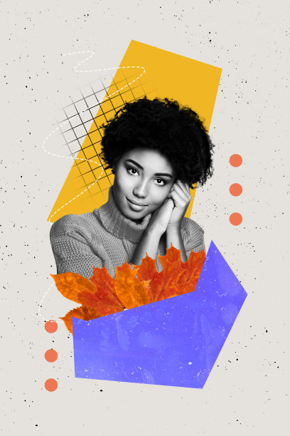 年轻女性非洲裔模特在秋季树叶下户外摆姿势的素描设计趋势海报照片拼贴图片下载