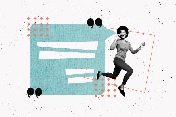 趋势艺术横幅草图 3D 照片拼贴，快乐女孩与电话交谈，电话营销气泡沟通对话图片下载