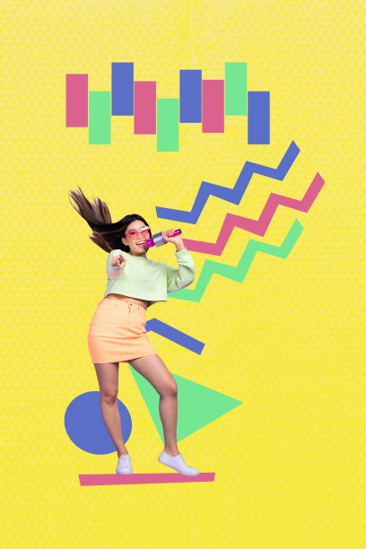 独特的垂直照片拼贴，快乐女孩手持麦克风在音乐会、迪斯科场合庆祝假日，享受轻松时光。图片下载