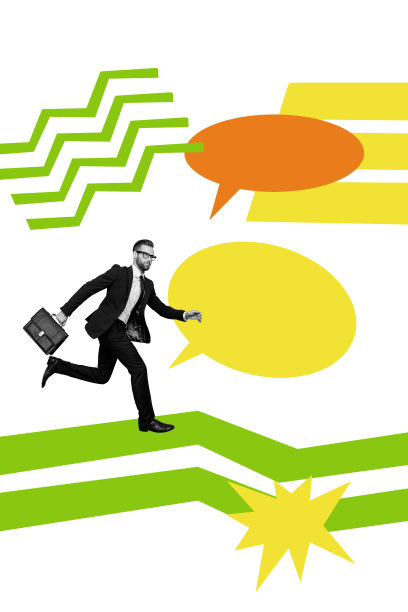 时尚的图像素描照片拼贴，展示严肃的商人和气泡沟通图标对话短语交流谈话图片下载