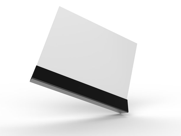 3D真实感桌面支架，带金属底座和白色纸质亚克力的桌面帐篷模型。空白卡片架用于展示菜单标签、餐厅、咖啡馆、横幅、图片支架、标志架、广告信息。图片下载