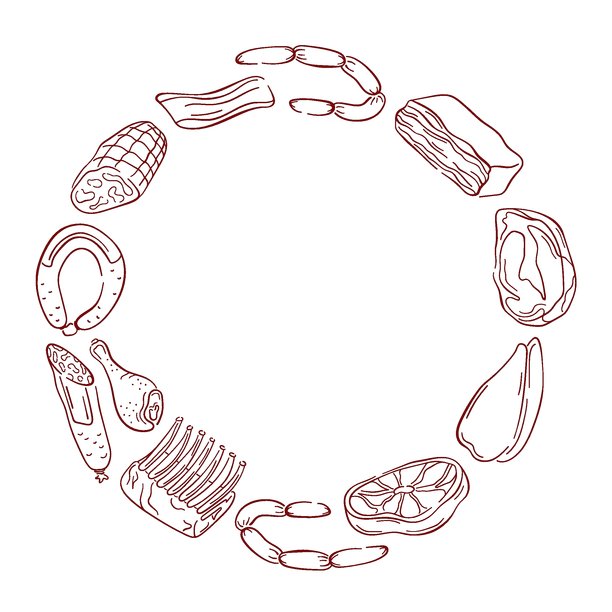 圆形框架内有肉类切块、香肠、火腿、培根、肋骨、牛排和鸡肉，背景为白色，适用于烹饪和食品设计的线条艺术风格。图片下载